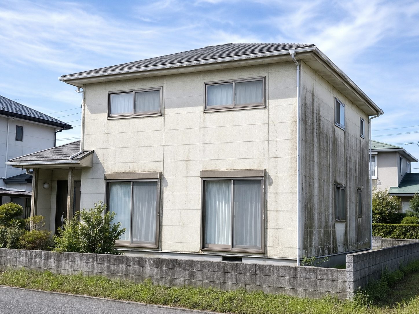 色あせと汚れが出ている塗り替え前の住宅の外壁