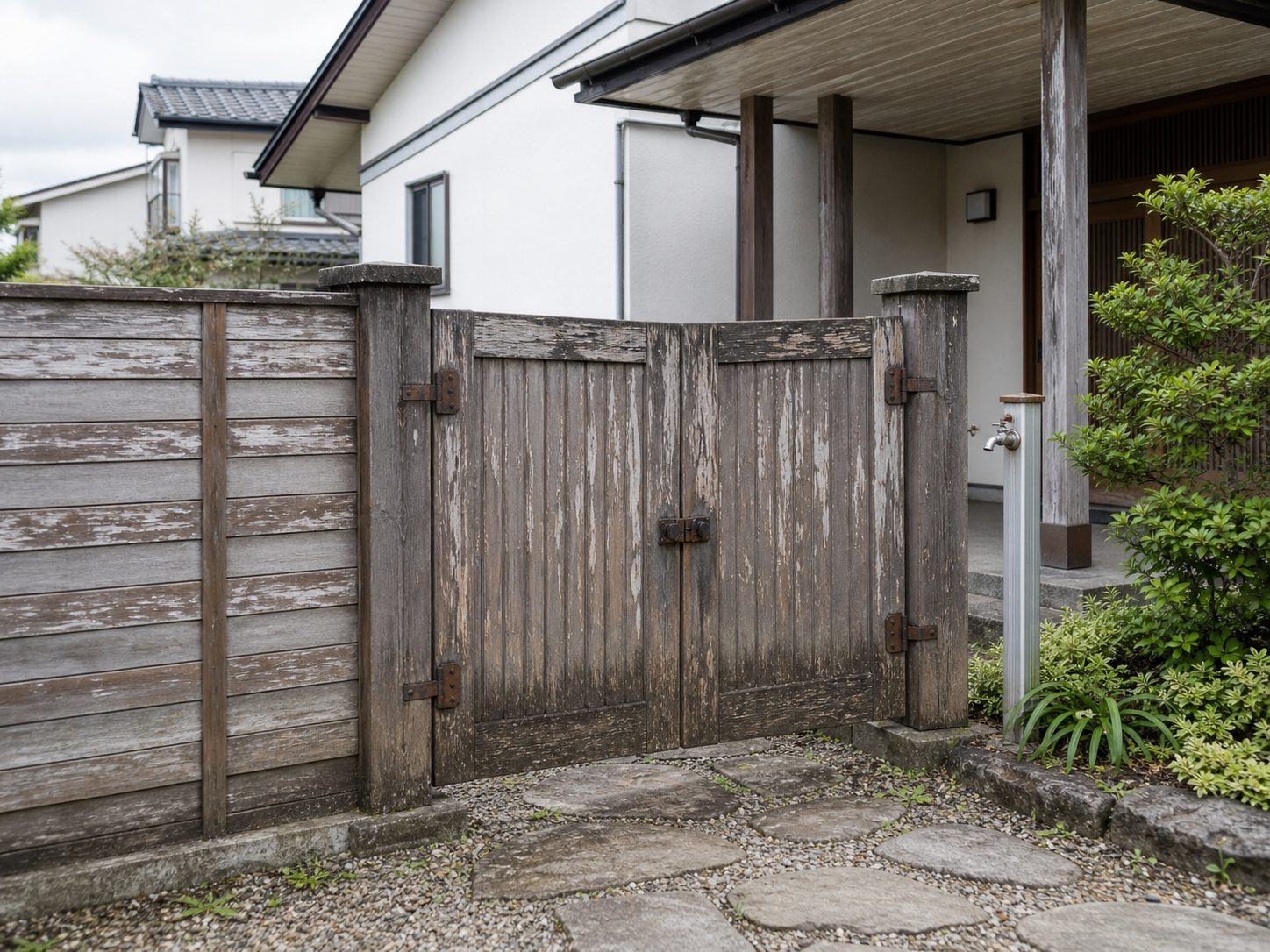 塗膜が剥がれ色あせた塗り替え前の木製門扉と板塀