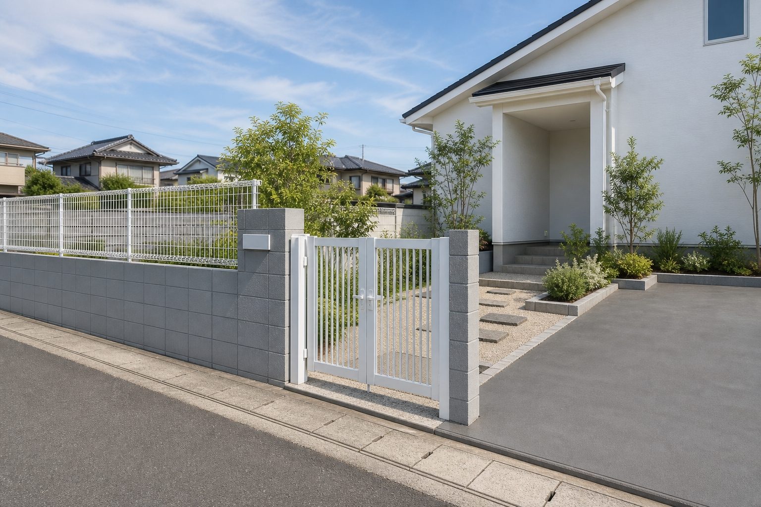 塗り直された塀と門扉のある住宅の外まわり