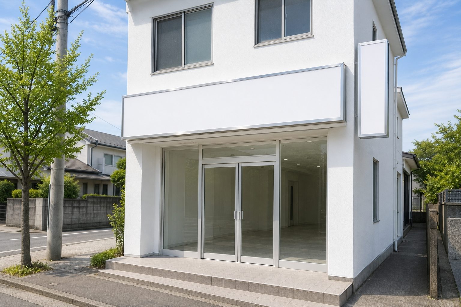 無地の看板が新しく取り付けられた店舗の外観