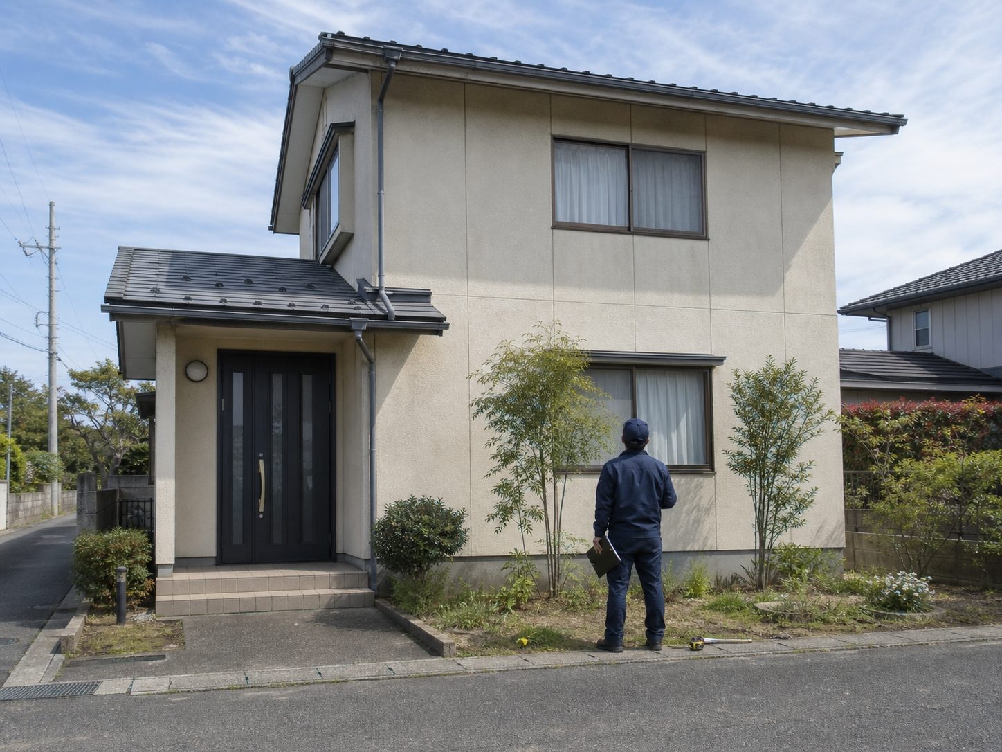 住宅の外壁を見上げて現地調査を行う作業者の後ろ姿