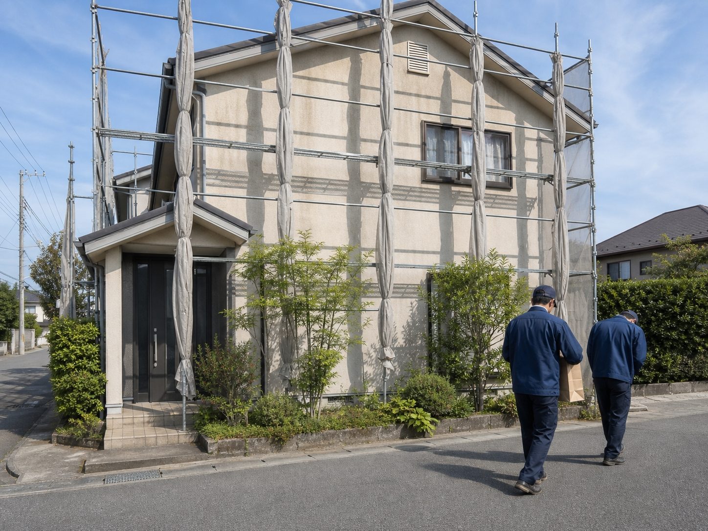 足場が組まれた住宅の前を、粗品を持って近隣へ挨拶に向かう作業者の後ろ姿