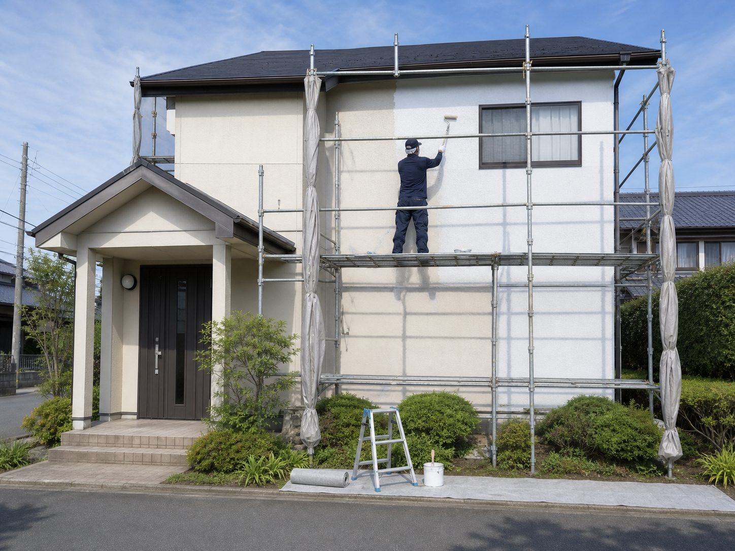 足場の上でローラーを使い住宅の外壁を塗装する職人の後ろ姿