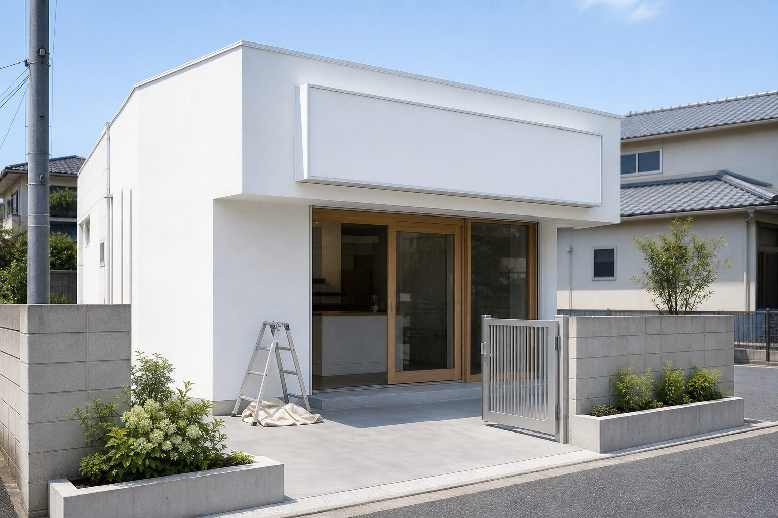 無地の看板が取り付けられた店舗の外観と整えられた外まわり