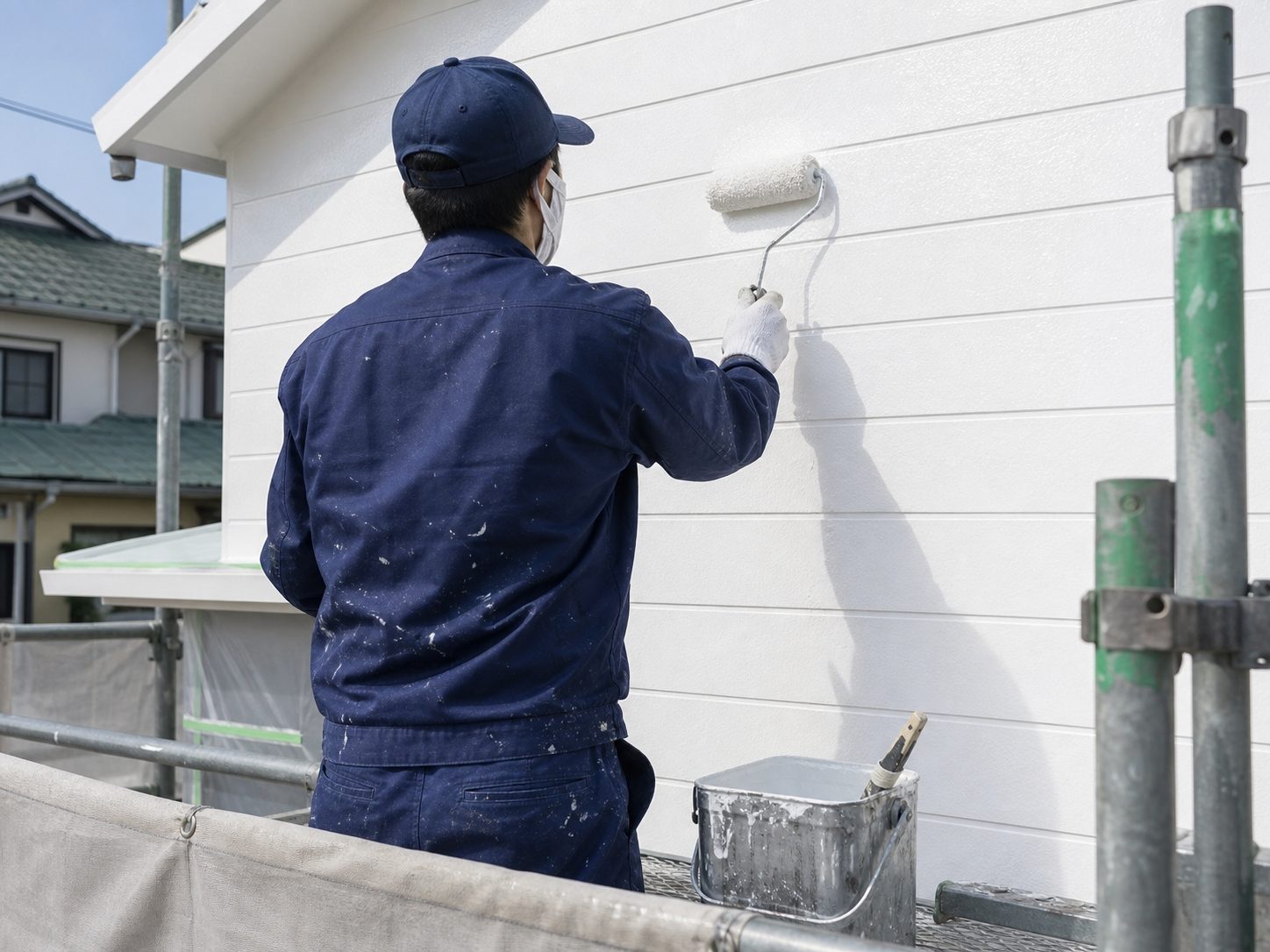 足場の上でローラーを使い住宅の外壁を塗装する職人の後ろ姿